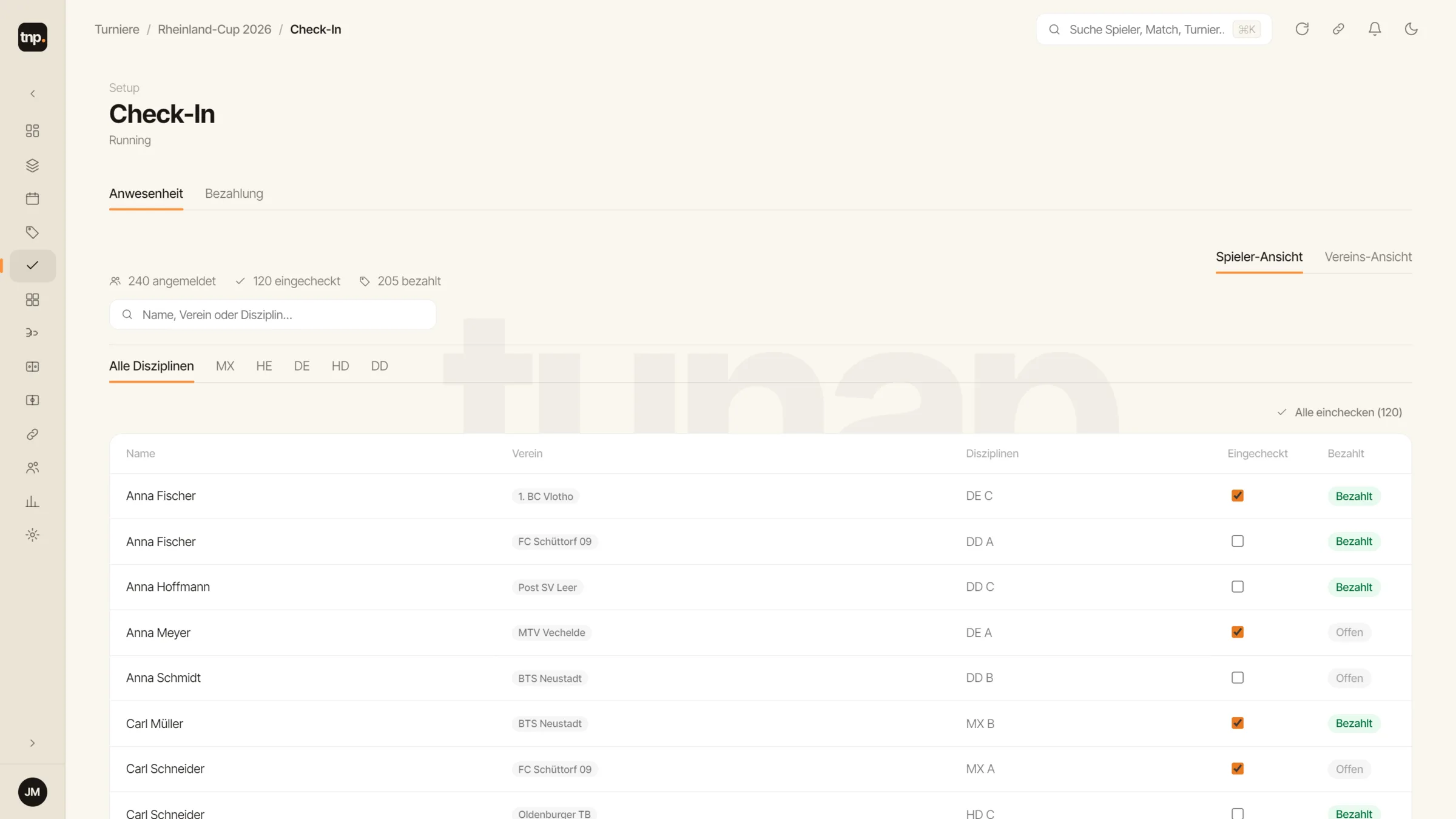 tunap Check-in — Anwesenheit und Bezahlung je Spieler