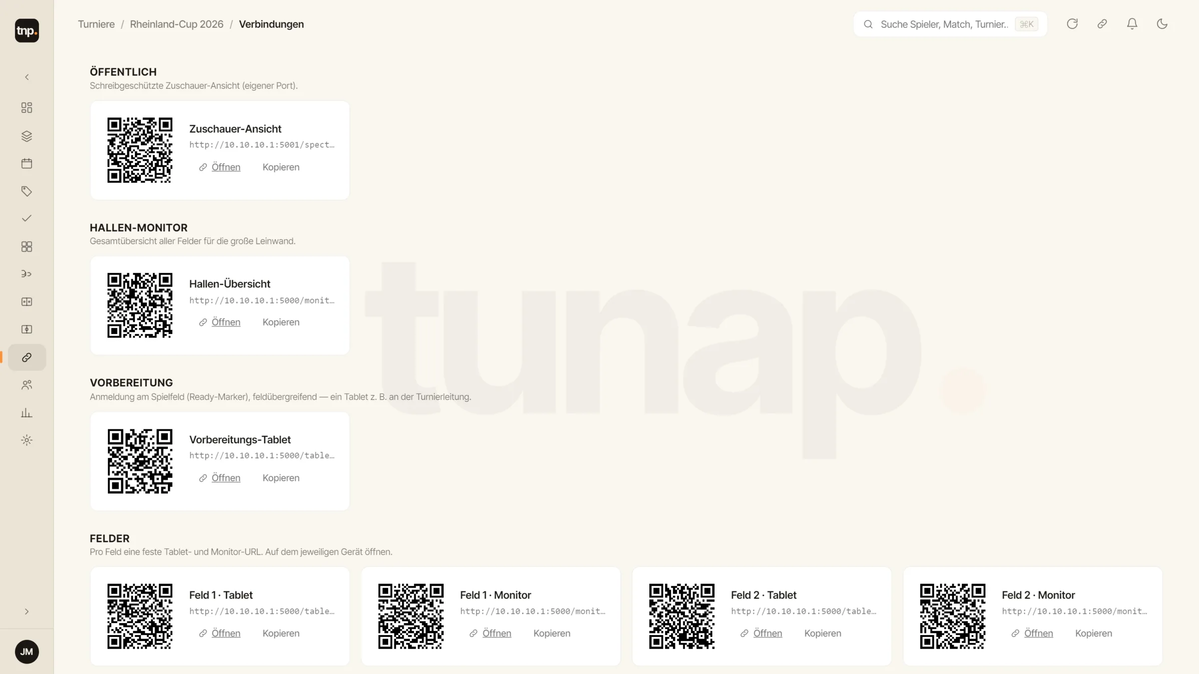 tunap Verbindungen — Links und QR-Codes für Tablets, Monitore und Zuschauer
