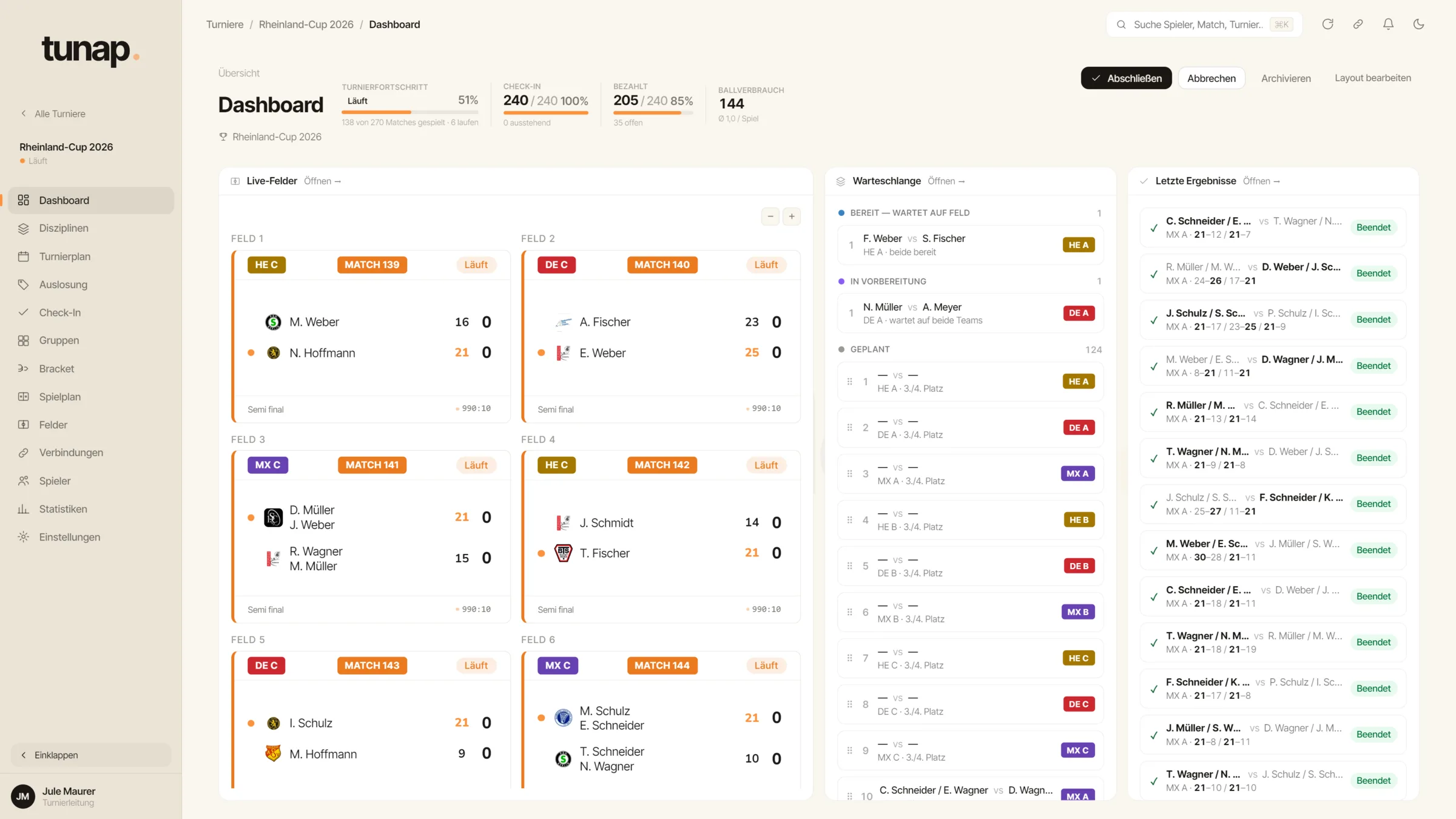 tunap Dashboard — Live-Felder, Warteschlange und letzte Ergebnisse