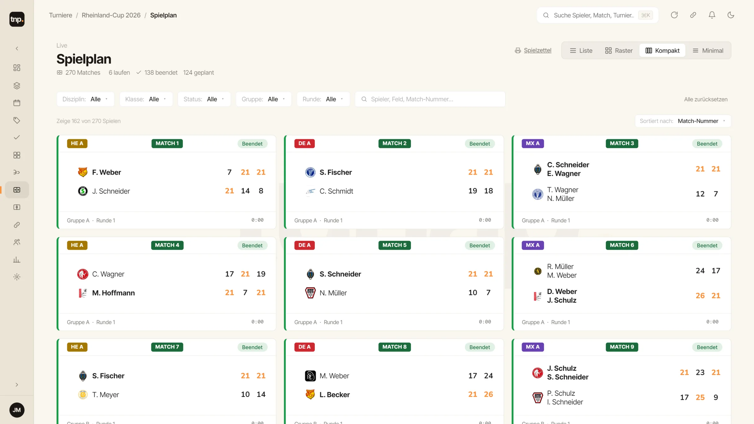 tunap Spielplan — Matches mit Status, Feldern und Ergebnissen