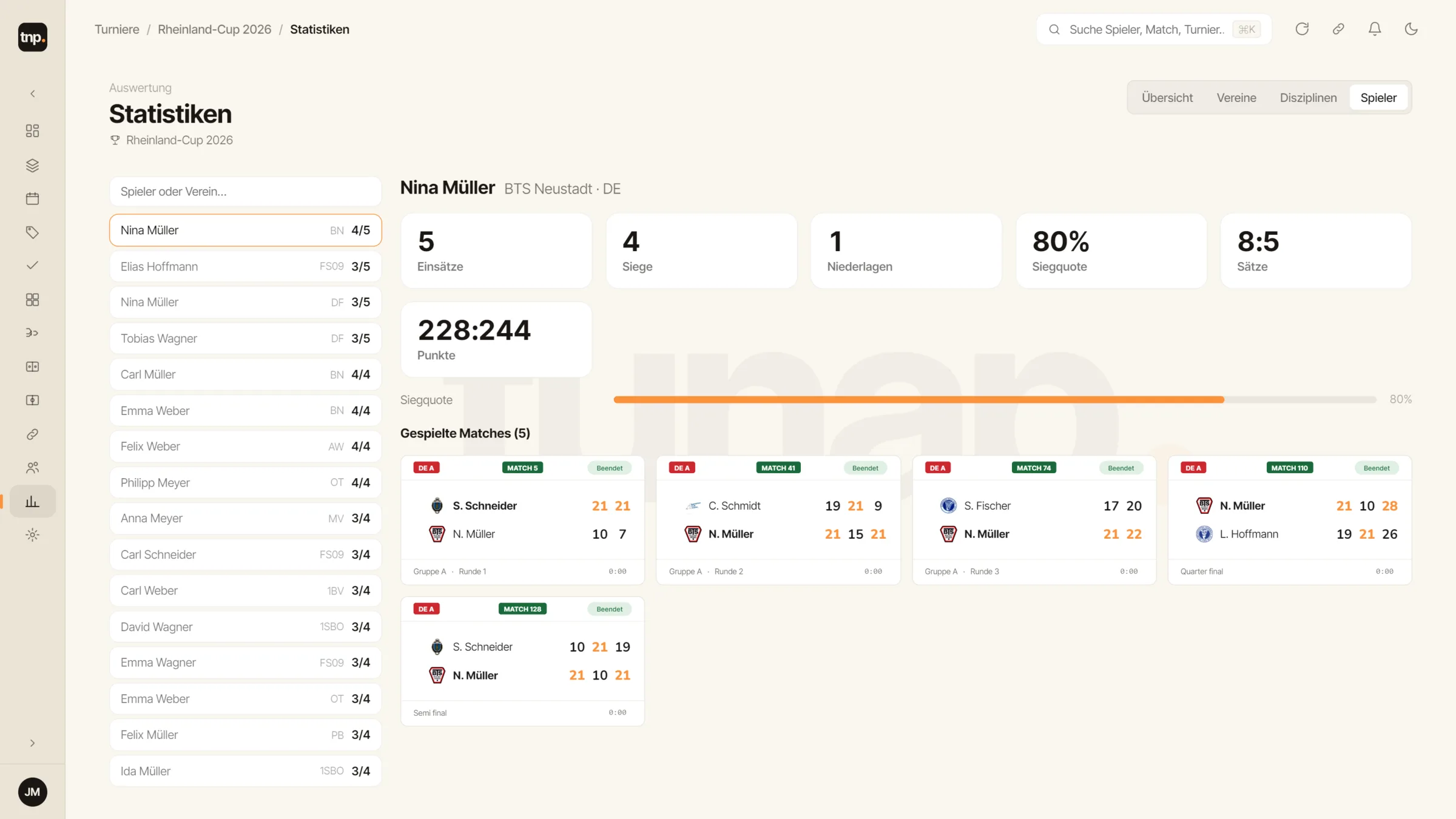 tunap Statistiken — Auswertung je Spieler, Verein und Disziplin